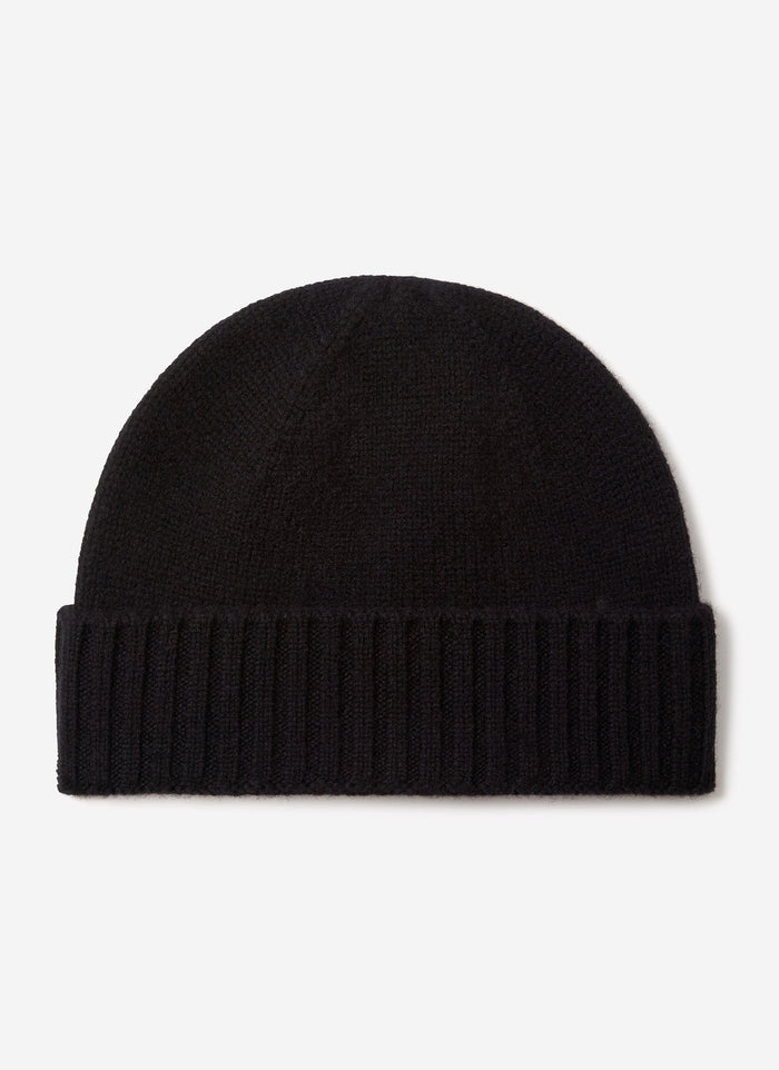 The classic black wool beanie from Percival, featuring a ribbed knit and folded cuff, against a clean studio background.