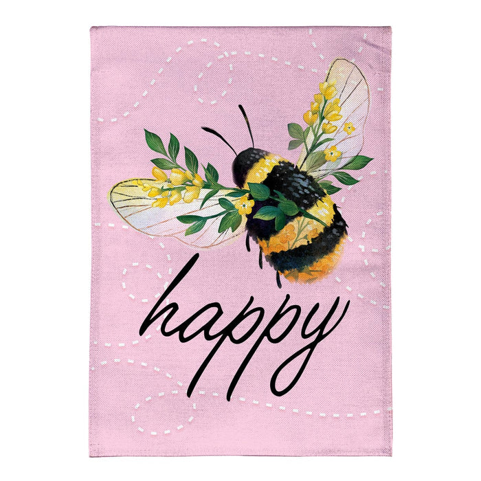 Bee Happy Pink Burlap Garden Flag Evergreen Garden Flag