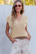 Beige Chest Pocket V Neck Ribbed Cap Sleeve Sweater - APRICOT / S / 50% VISCOSE + 28% POLYESTER + 22% POLYAMIDE