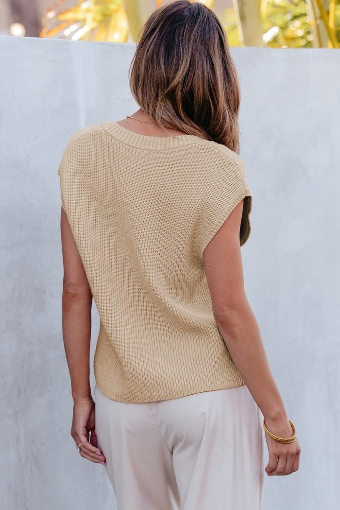 Beige Chest Pocket V Neck Ribbed Cap Sleeve Sweater - Sweaters & Cardigans/Sweater Vests