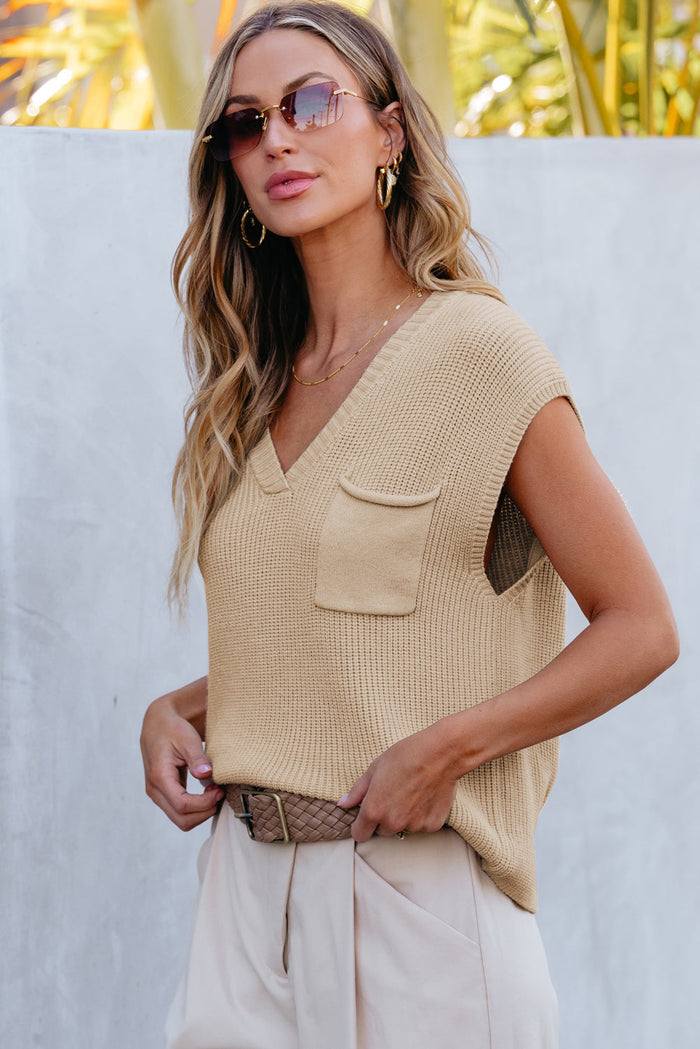 Beige Chest Pocket V Neck Ribbed Cap Sleeve Sweater - Sweaters & Cardigans/Sweater Vests