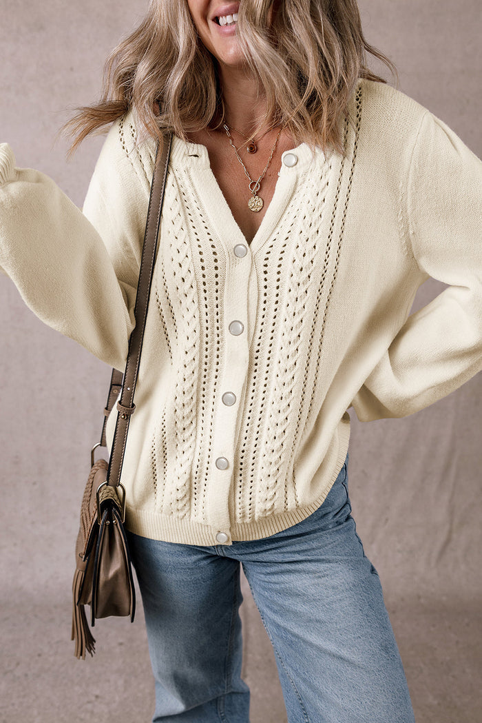 Beige Pleated Sleeve Hollow Detail Button Sweater Cardigan - APRICOT / S / 50% VISCOSE + 28% POLYESTER + 22% POLYAMIDE