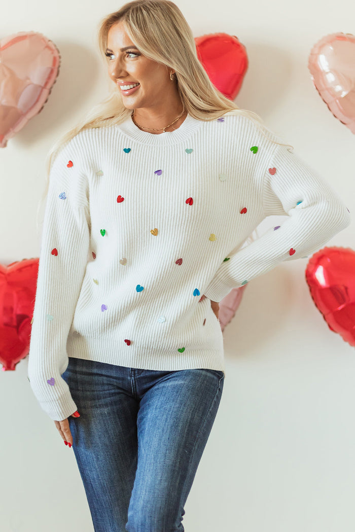 Beige Sequin Heart Shape Waffle Knit Round Neck Sweater - BEIGE / S / 50% VISCOSE + 28% POLYESTER + 22% POLYAMIDE