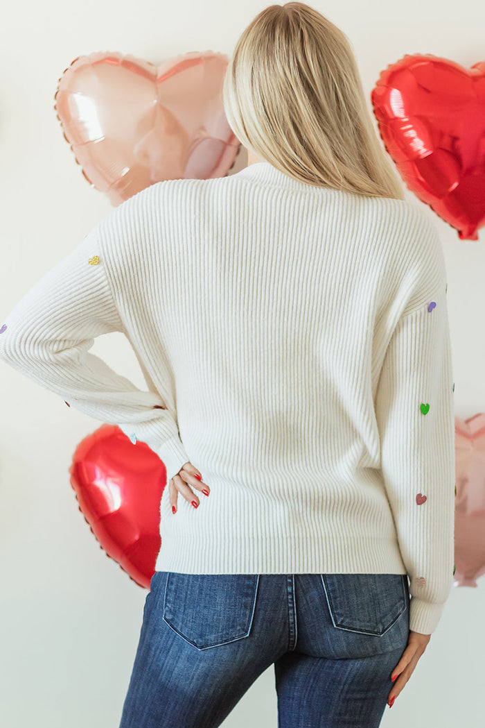 Beige Sequin Heart Shape Waffle Knit Round Neck Sweater - Sweaters & Cardigans/Sweaters