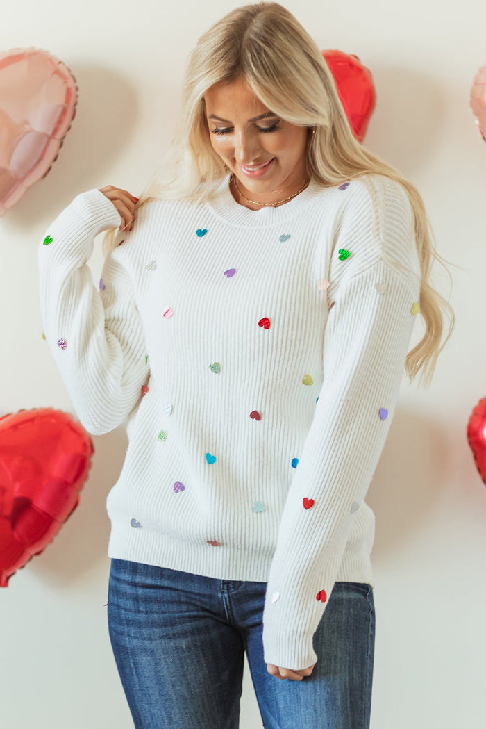 Beige Sequin Heart Shape Waffle Knit Round Neck Sweater - Sweaters & Cardigans/Sweaters
