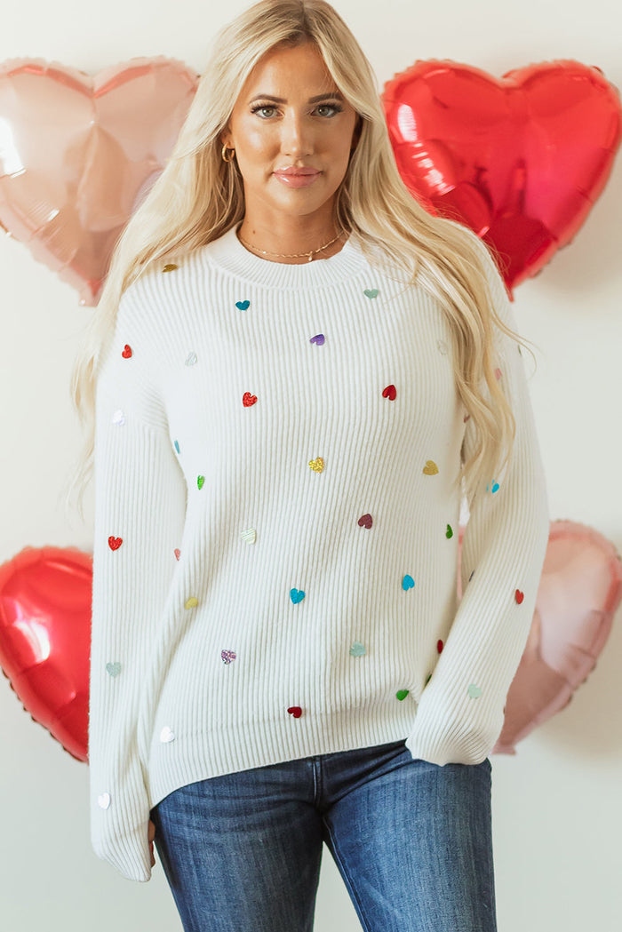 Beige Sequin Heart Shape Waffle Knit Round Neck Sweater - Sweaters & Cardigans/Sweaters