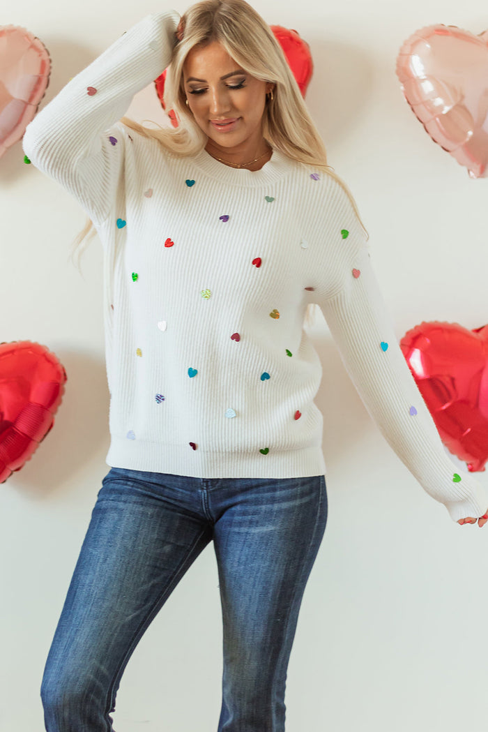 Beige Sequin Heart Shape Waffle Knit Round Neck Sweater - Sweaters & Cardigans/Sweaters
