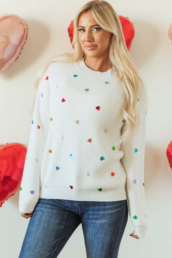 Beige Sequin Heart Shape Waffle Knit Round Neck Sweater - Sweaters & Cardigans/Sweaters