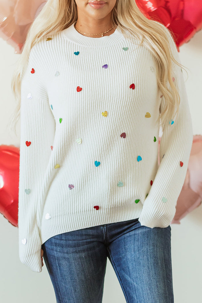 Beige Sequin Heart Shape Waffle Knit Round Neck Sweater - Sweaters & Cardigans/Sweaters