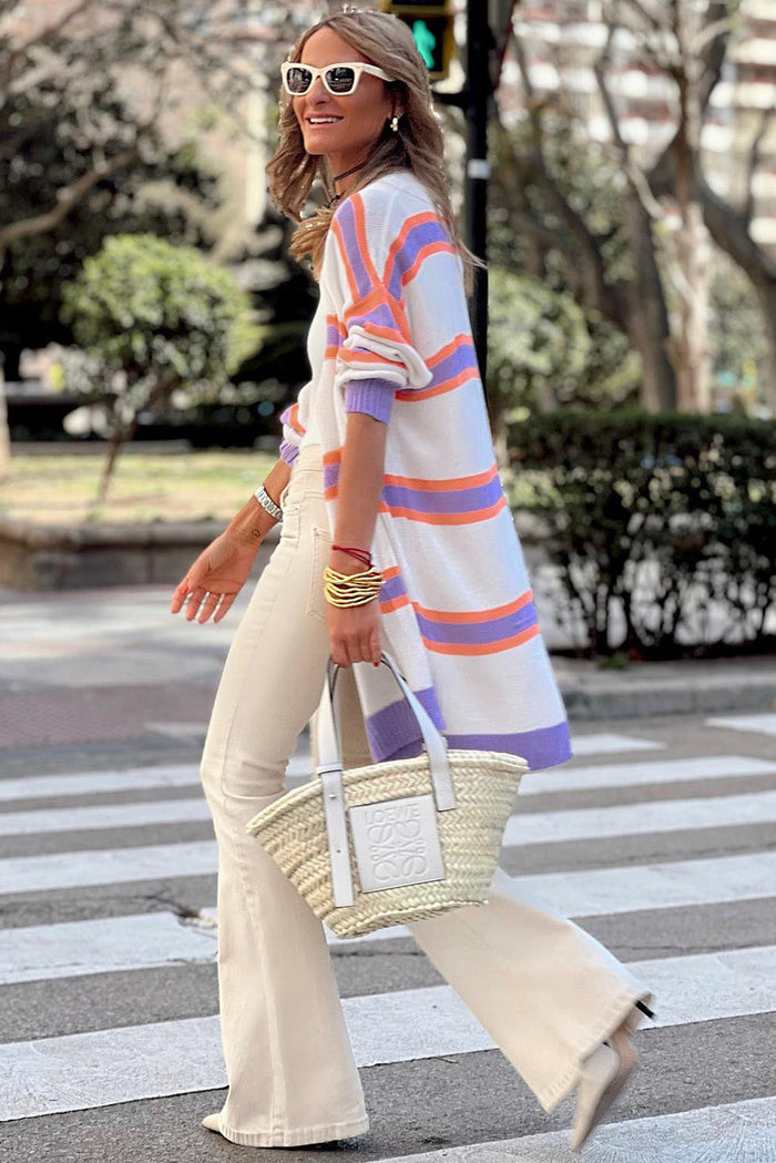 Beige Striped Long Sleeve Ribbed Trim Button Cardigan - Sweaters & Cardigans/Cardigans