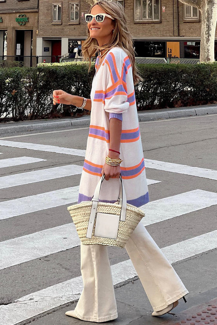 Beige Striped Long Sleeve Ribbed Trim Button Cardigan - Sweaters & Cardigans/Cardigans