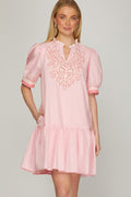 Bella Embroidered Puff Sleeve Mini Dress - Light Pink