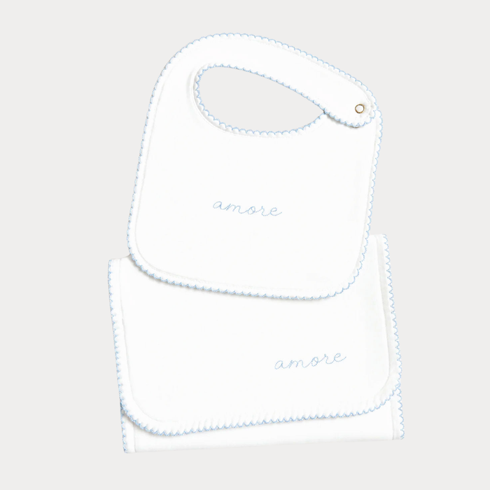 Bib & Burp Cloth Set - Embroidered Blue "Amore"