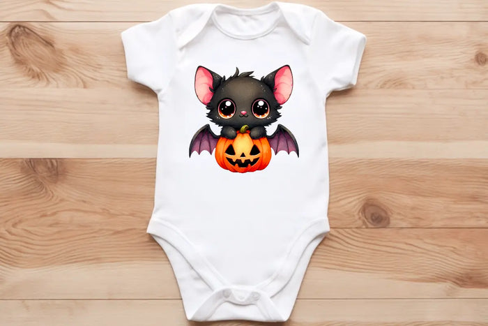 Black bat pup🦇 on a pumpkin 🎃 baby vest🖤🦔 Claxton Creations GB