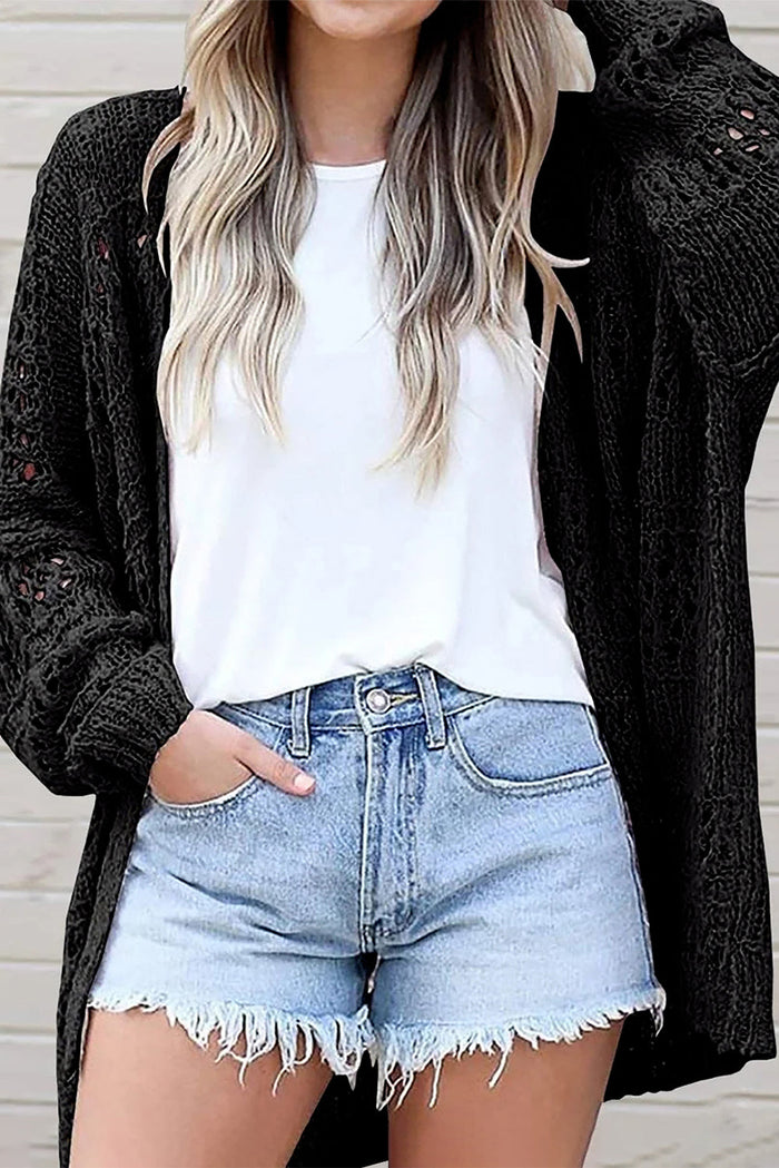 Black Casual Hollowed Knit Dolman Sleeve Cardigan - BLACK / S / 69% ACRYLIC + 31% COTTON - Sweaters &