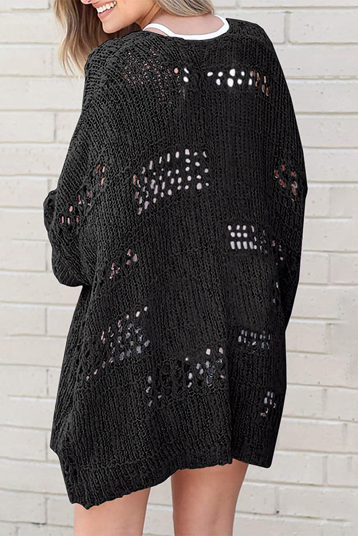 Black Casual Hollowed Knit Dolman Sleeve Cardigan - Sweaters & Cardigans/Cardigans