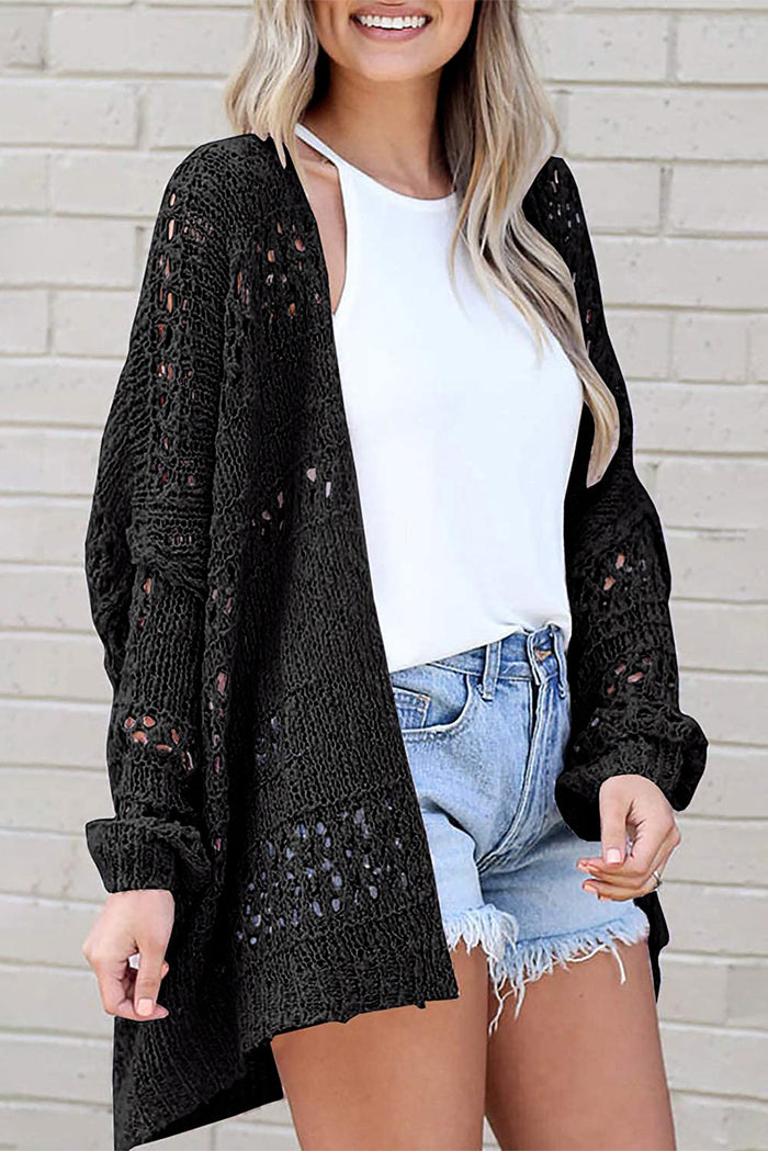 Black Casual Hollowed Knit Dolman Sleeve Cardigan - Sweaters & Cardigans/Cardigans