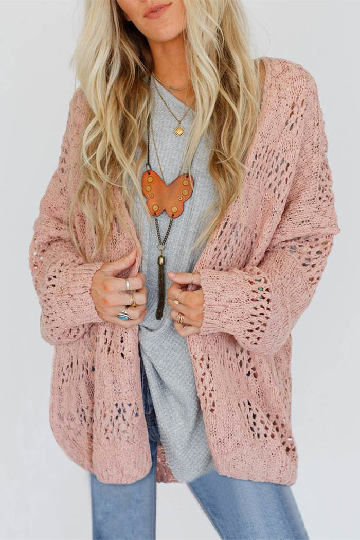 Black Casual Hollowed Knit Dolman Sleeve Cardigan - Sweaters & Cardigans/Cardigans