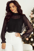 Black Dotty Lace Sheer Mock Neck Long Sleeve Blouse - BLACK / S / 100% POLYESTER - Tops/Blouses & Shirts