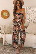 Black Floral Print Belted Sleeveless Wide Leg Jumpsuit - S / 100% Polyester - Bottoms/Jumpsuits & Rompers