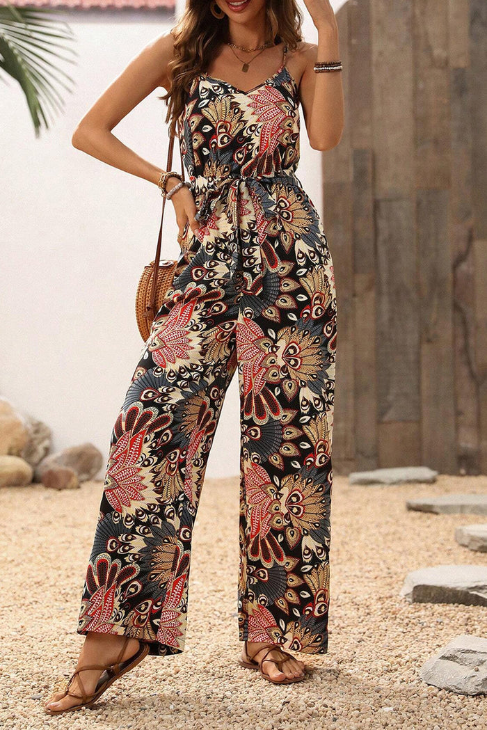 Black Floral Print Belted Sleeveless Wide Leg Jumpsuit - Bottoms/Jumpsuits & Rompers