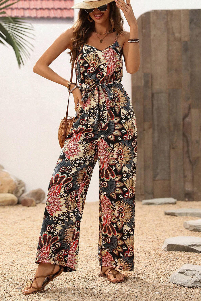 Black Floral Print Belted Sleeveless Wide Leg Jumpsuit - Bottoms/Jumpsuits & Rompers