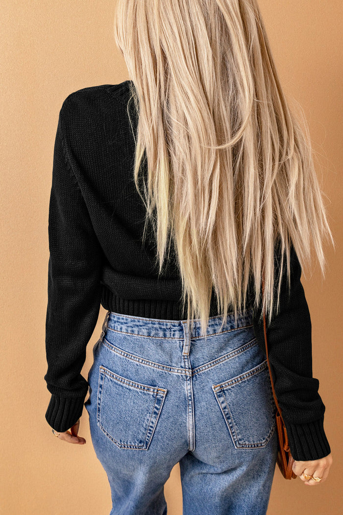 Black Front Pockets Buttons Textured Cardigan - Sweaters & Cardigans/Cardigans