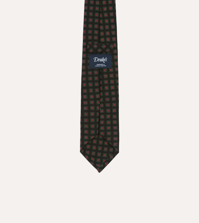 Black Green, and Red Diamond Print Check Self-Tipped Wool Tie