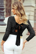 Black Metallic Bowknot Open Back V Neck Top - S - Tops/Long Sleeve Tops