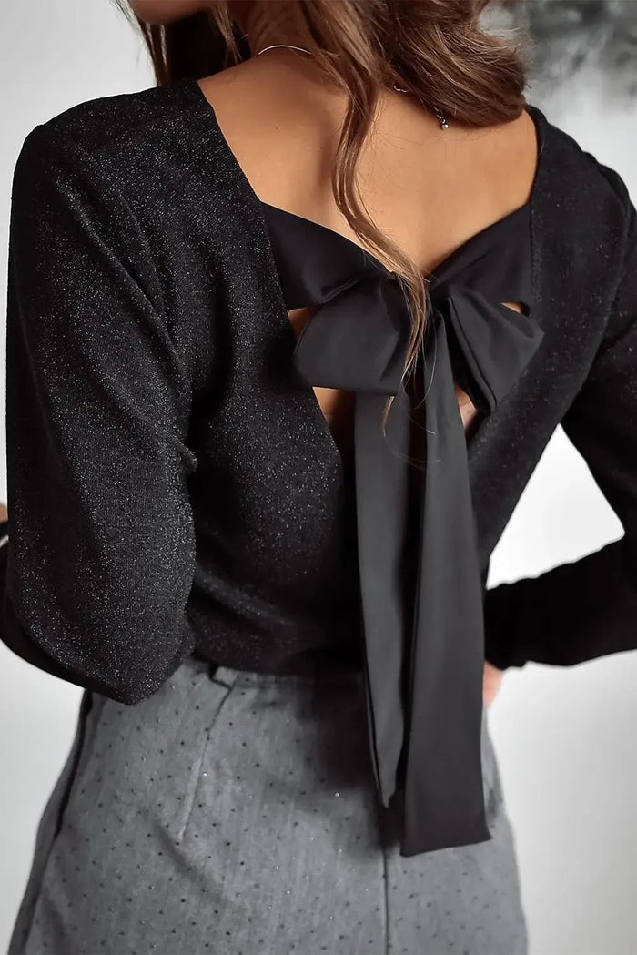 Black Metallic Bowknot Open Back V Neck Top - Tops/Long Sleeve Tops