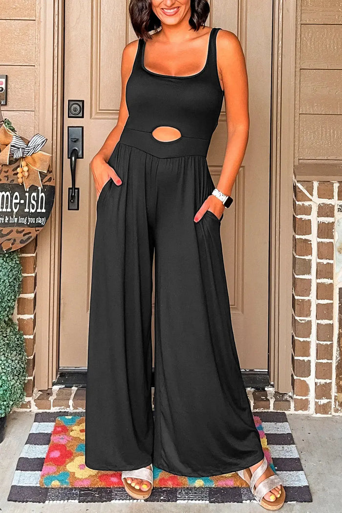 Black Peekaboo Wide Leg Square Neck Sleeveless Jumpsuit - S / 65% Polyester + 30% Viscose + 5% Elastane