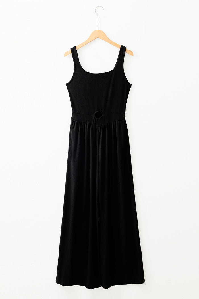 Black Peekaboo Wide Leg Square Neck Sleeveless Jumpsuit - Bottoms/Jumpsuits & Rompers