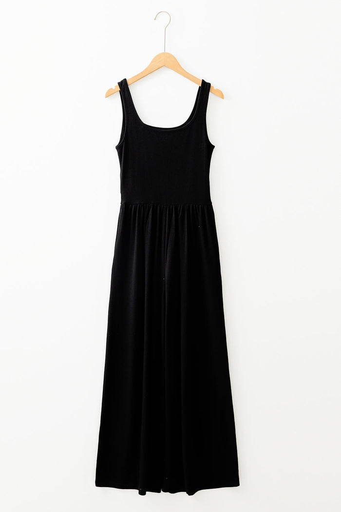 Black Peekaboo Wide Leg Square Neck Sleeveless Jumpsuit - Bottoms/Jumpsuits & Rompers
