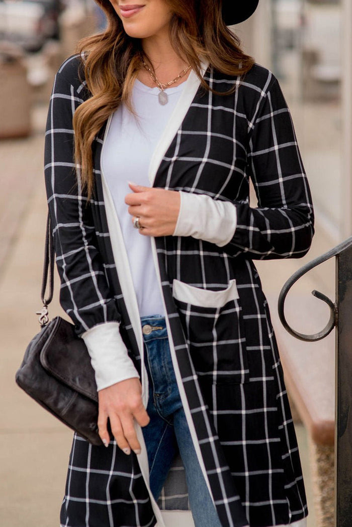 Black Plaid Colourblock Edge Open Cardigan with Pocket - BLACK / S / 95% POLYESTER + 5% ELASTANE - Sweaters &