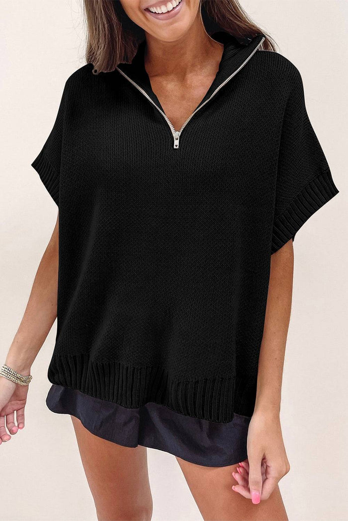 Black Quarter Zip Short Batwing Sleeve Sweater - Sweaters & Cardigans/Short