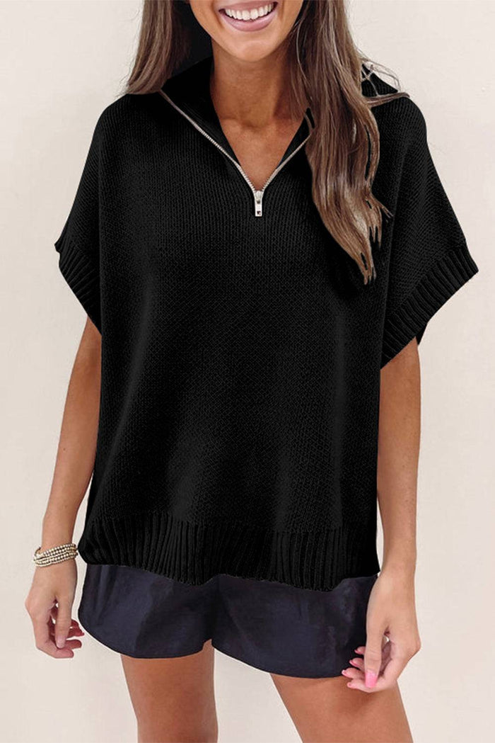 Black Quarter Zip Short Batwing Sleeve Sweater - Sweaters & Cardigans/Short