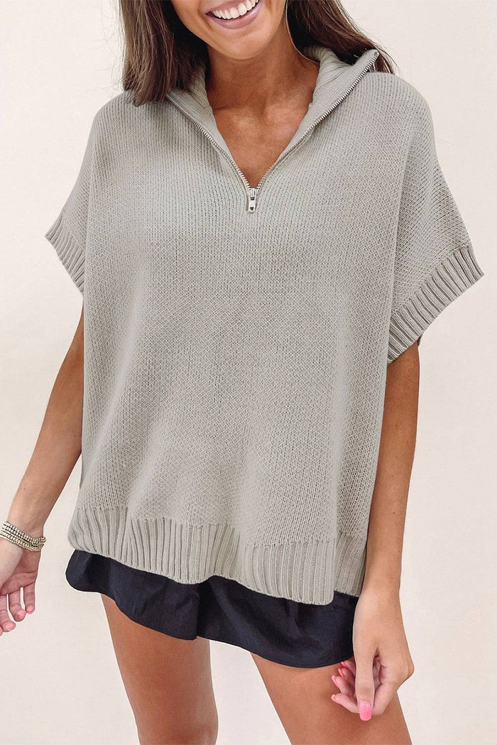 Black Quarter Zip Short Batwing Sleeve Sweater - LIGHT GREY / S / 55% ACRYLIC + 45% COTTON - Sweaters & Cardigans/Short