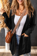 Black Ribbed Trim Eyelet Cable Knit Cardigan - BLACK / S / 100% ACRYLIC - Sweaters & Cardigans/Cardigans