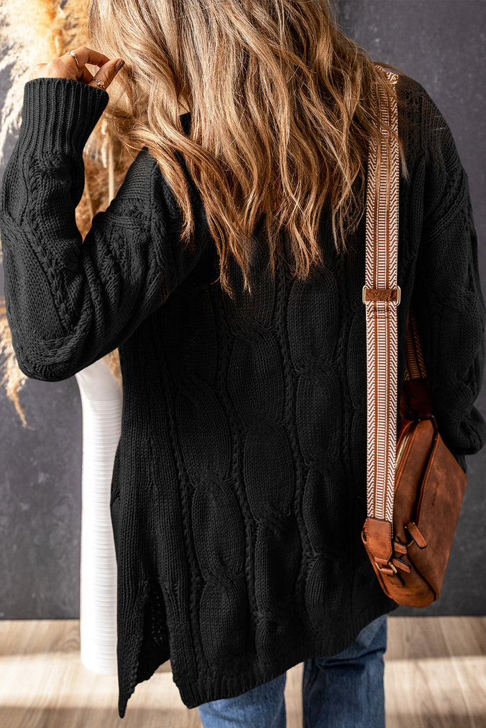 Black Ribbed Trim Eyelet Cable Knit Cardigan - Sweaters & Cardigans/Cardigans