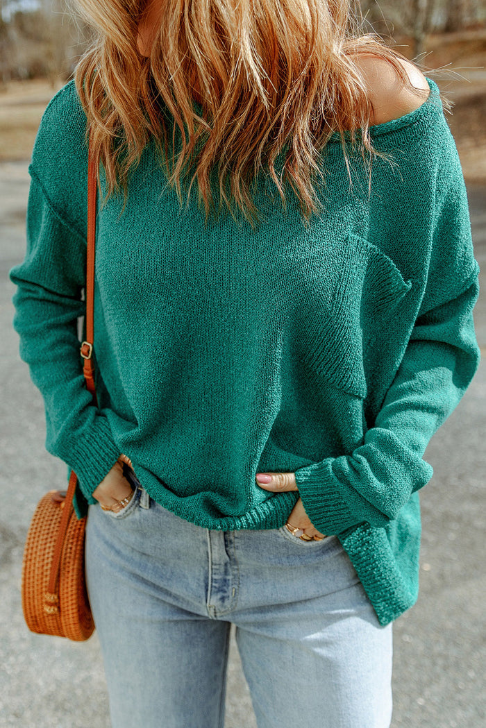 Black Solid Colour Off Shoulder Rib Knit Sweater with Pocket - GREEN / S / 100% ACRYLIC - Sweaters & Cardigans/Sweaters