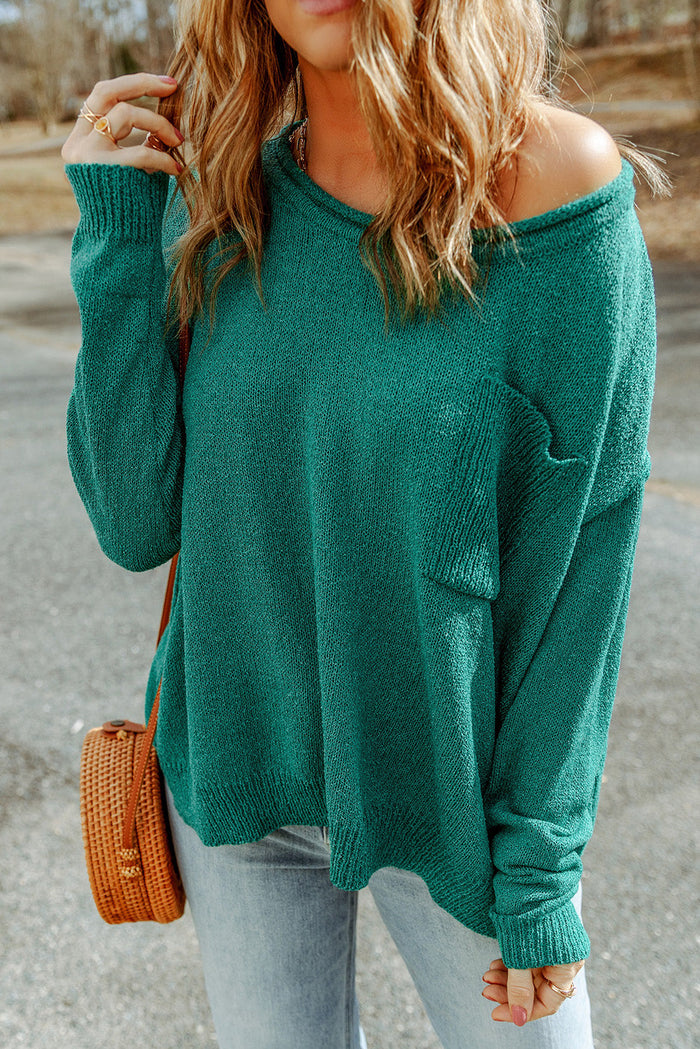 Black Solid Colour Off Shoulder Rib Knit Sweater with Pocket - Sweaters & Cardigans/Sweaters