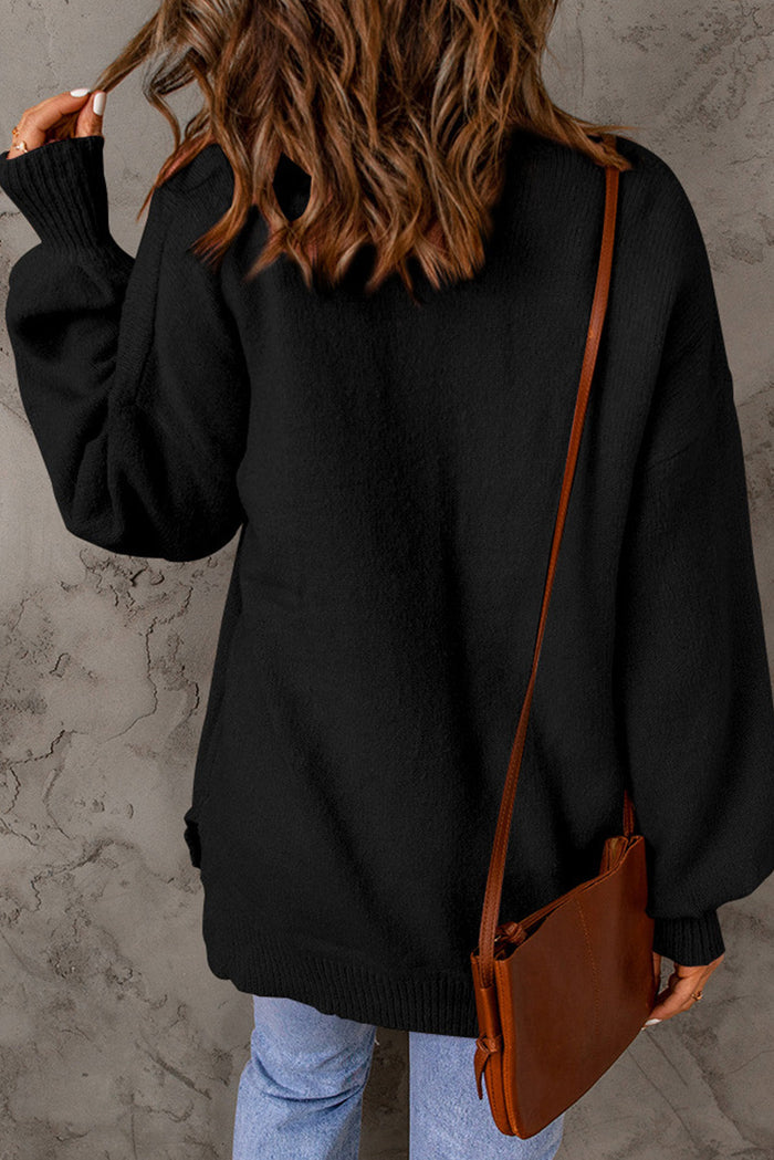 Black Solid Colour Puffy Sleeve Pocketed Sweater - Sweaters & Cardigans/Sweaters