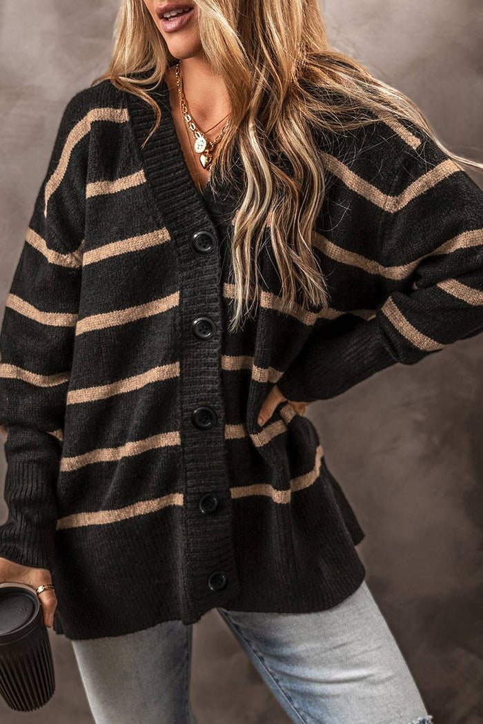 Black Stripe Buttoned V Neck Drop Shoulder Loose Cardigan - BLACK STRIPE / S / 65% ACRYLIC + 35% POLYAMIDE - Sweaters &