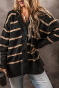 Black Stripe Buttoned V Neck Drop Shoulder Loose Cardigan - BLACK STRIPE / S / 65% ACRYLIC + 35% POLYAMIDE - Sweaters &