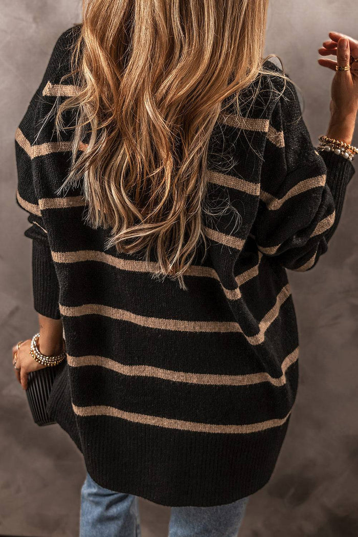 Black Stripe Buttoned V Neck Drop Shoulder Loose Cardigan - Sweaters & Cardigans/Cardigans