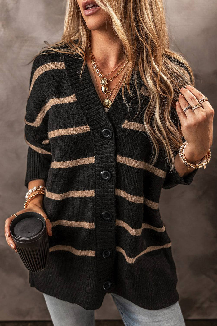 Black Stripe Buttoned V Neck Drop Shoulder Loose Cardigan - Sweaters & Cardigans/Cardigans