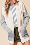 Black Stripe Colourblock Patchwork Open Front Cardigan with Pocket - BLACK STRIPE / S / 75% POLYESTER + 25% COTTON