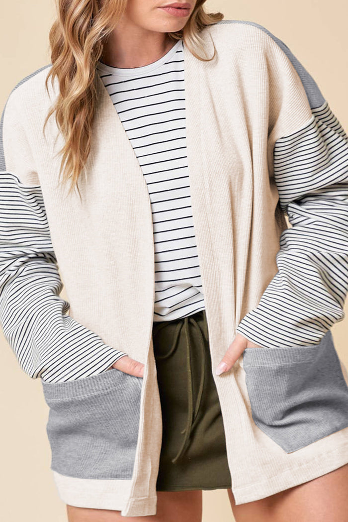 Black Stripe Colourblock Patchwork Open Front Cardigan with Pocket - Sweaters & Cardigans/Cardigans