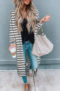 Black Stripe Print Open Front Duster Cardigan - BLACK STRIPE / S / 95% POLYESTER + 5% ELASTANE - Sweaters &