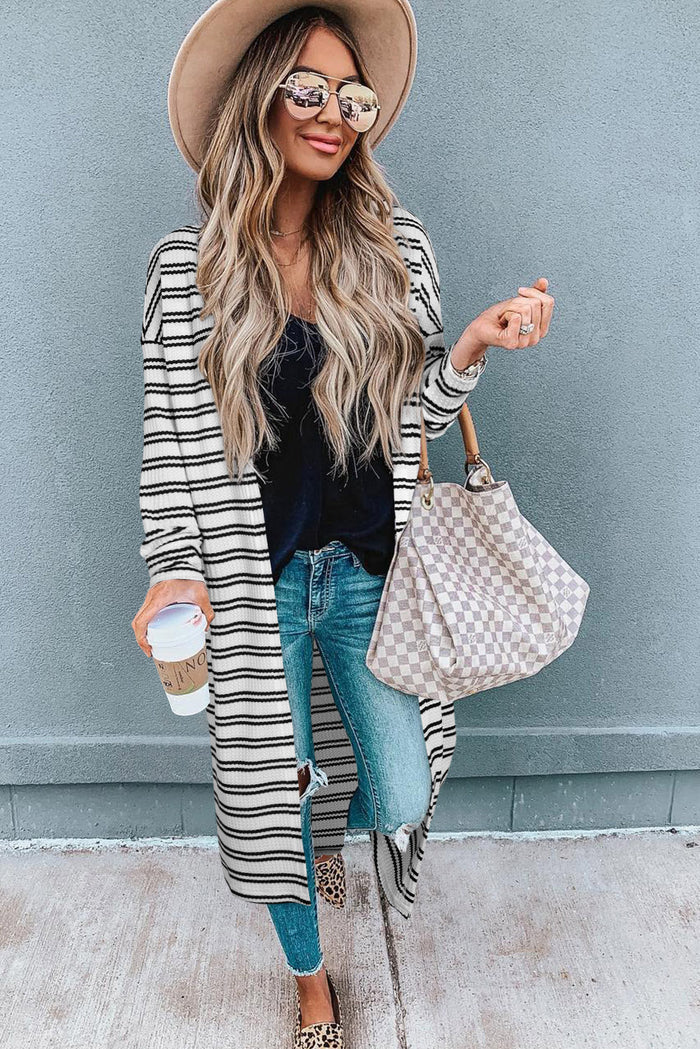 Black Stripe Print Open Front Duster Cardigan - Sweaters & Cardigans/Cardigans